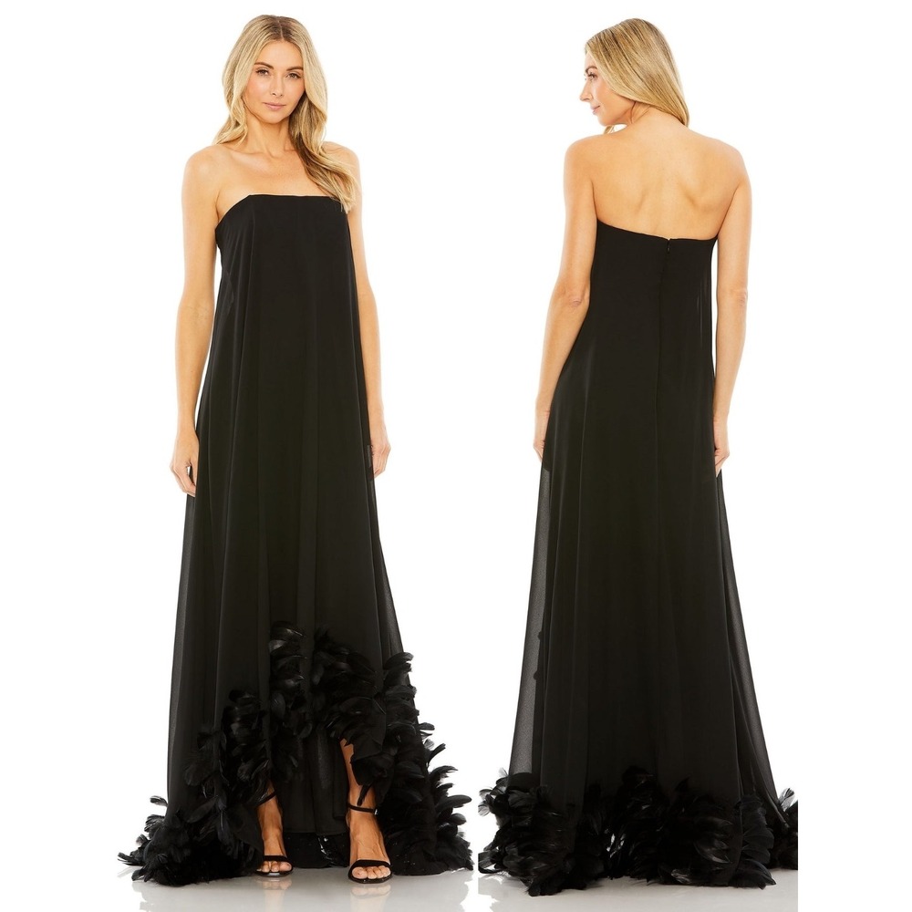 NEW Mac‎ Duggal Black Strapless Flare Feather Hem Gown $798 - Size 4